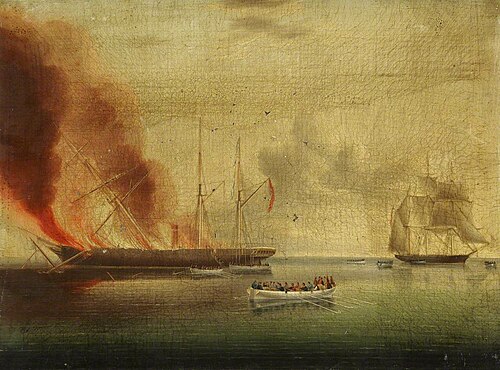 The steamship 'Glasgow' on fire off Nantucket, 31 July 1865: passengers and crew rescued by the 'Ros, 1865, James E. Buttersworth