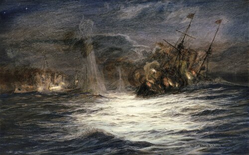 'Count Spee sinking Monmouth' (at the Battle of Coronel, 1 November 1914), 1914, William Lionel Wyllie
