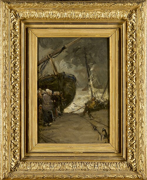 Bomschuit met figuren aan het strand, , Bernard Blommers