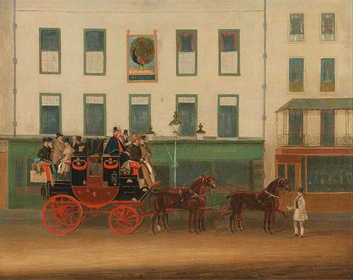 The London-Manchester Stage Coach, “the Peveril of the Peak,” outside the Peacock Inn, Islington, 1835, James Pollard