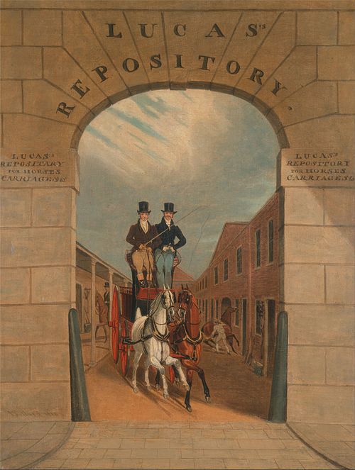 Schooling a Pair in a Brake at Lucas's Yard, Clerkenwell, 1818, James Pollard
