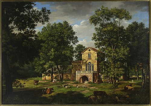Vue du parc de Natolin avec la ferme néerlandaise., 1833, Wincenty Kasprzycki