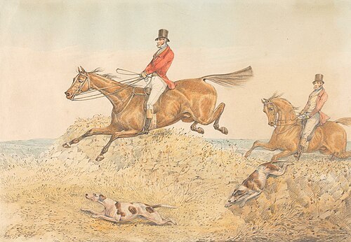 Two Riders and a Couple of Hounds Clearing a Wall, 1845, Henry Thomas Alken