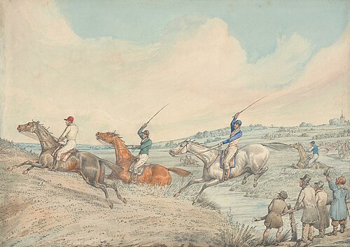 Steeplechasing: Three Riders Taking a Brook, Spectators on Right, , Henry Thomas Alken