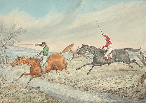 Steeplechasing: Three Riders Taking a Brook, 1825, Henry Thomas Alken