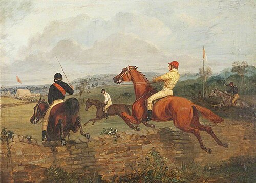 Two Steeplechasers Clearing a Wall, with Two Steeplechasers in the Middle Distance, , Henry Thomas Alken