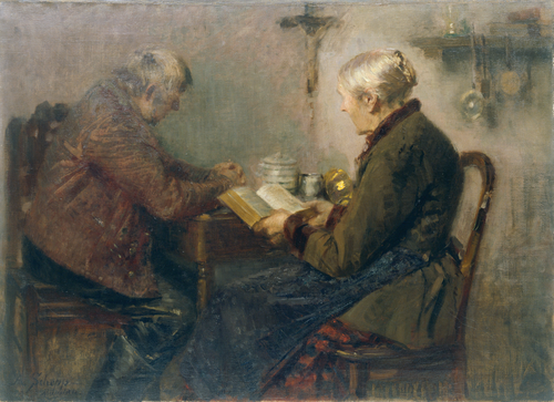 Couple de paysans âgés assis à table, , Auguste Schepp