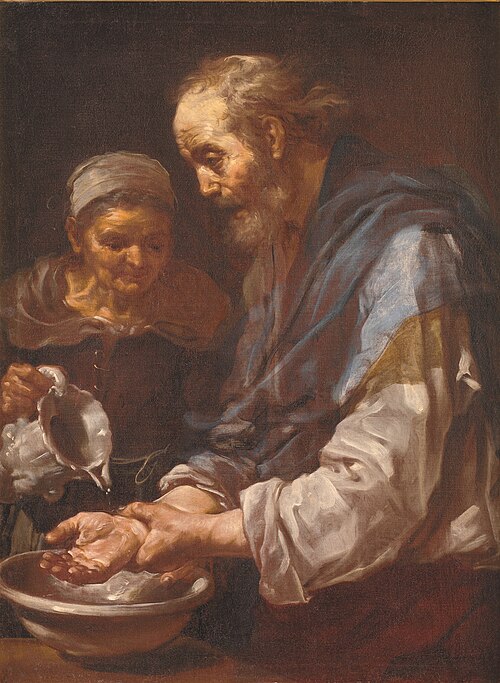 Gammel mand, der vasker hænder, 1650, Bernhard Keil