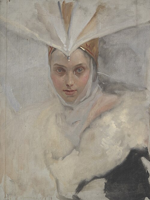 Woman with osprey headdress and white fur collar, 1891, Edwin Austin Abbey