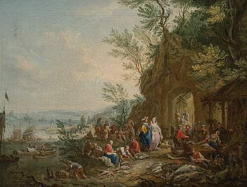 Landscape with a Fish Market and a Sea Bay, , Franz Anton Hartmann