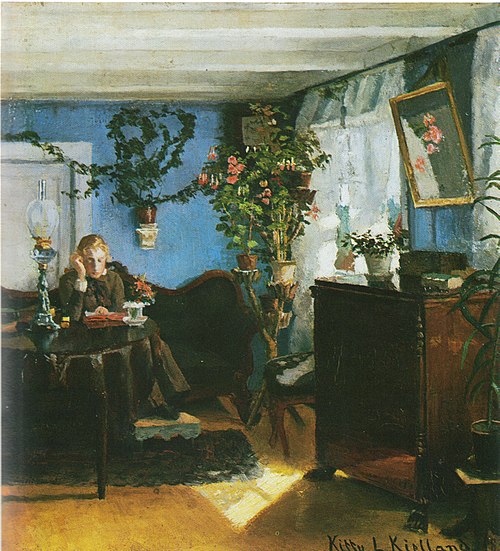 Blue interior with the painter Annette Anker, 1883, Kitty Lange Kielland