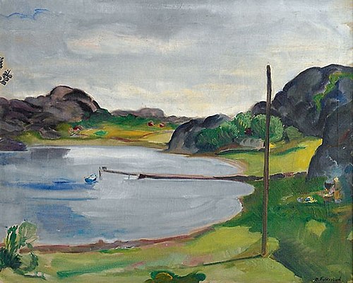A bay with a rowing boat, , Bernhard Dorotheus Folkestad