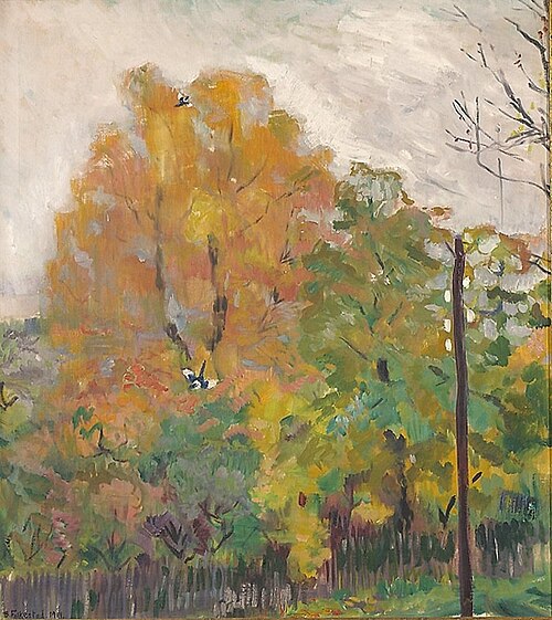 Deciduous trees in fall suit with cuts, 1914, Bernhard Dorotheus Folkestad