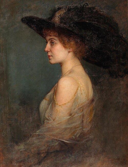 Profilportrait einer Dame mit großem federgeschmücktem Hut, , Arthur Ferraris