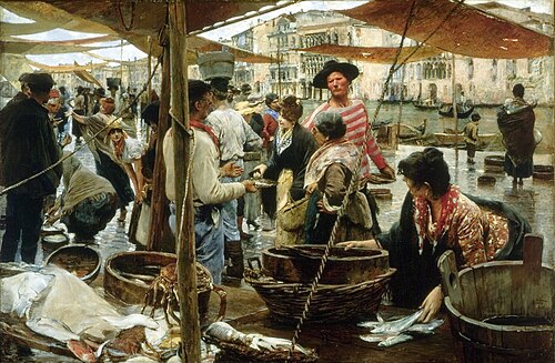 The old fish market, Venice, 1893, Ettore Tito