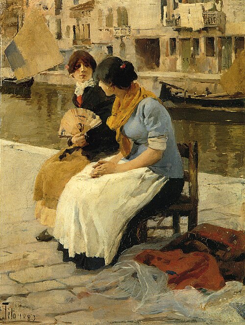 Gossip by the Canal, Venice, 1883, Ettore Tito