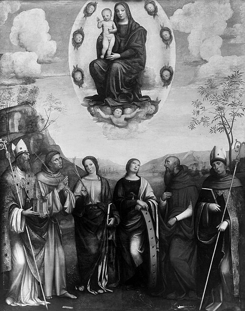 Mary with the child in glory adored by six saints, 1502, Francesco Francia