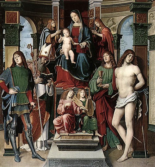 Madonna in trono con Bambino, San Sebastiano, San Procolo, Sant'Agostino, San Giovanni Evangelista e, 1494, Francesco Francia
