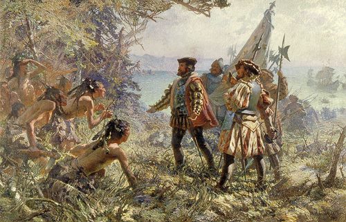 Jacques Cartier rencontre les Indiens à Stadaconé, 1535, 1907, Marc-Aurèle de Foy Suzor-Coté