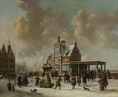 Het Paalhuis en de Nieuwe Brug te Amsterdam in de winter, 1653, Jan Abrahamsz Beerstraaten