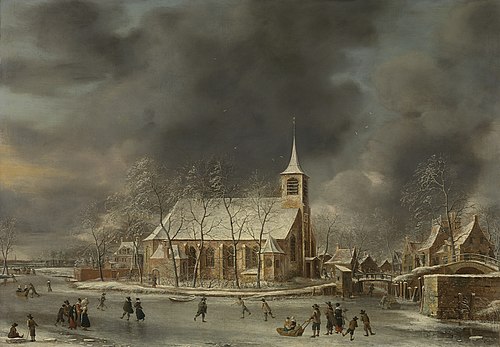 View of the church of Sloten in the winter, 1650, Jan Abrahamsz Beerstraaten