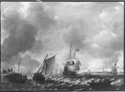 Schepen op de rede van Vlissingen, links een aanlegplaats met enkele figuren, 1654, Jan Abrahamsz Beerstraaten