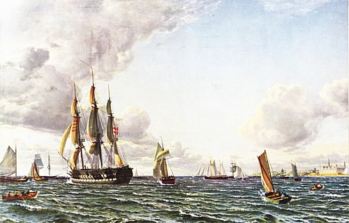 Linieskibet "Valdemar" krydser Sundet ind for en frisk bramsejlskuling, 1856, Emanuel Larsen