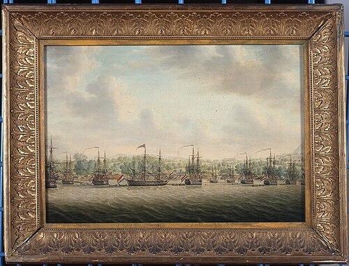 's Lands eskader onder commando van kapitein J.P. van Braam voor anker liggend voor de kust van Mala, 1800, Engel Hoogerheyden
