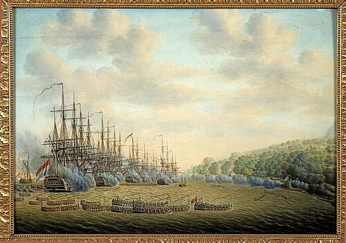 Landing van 's Lands eskader onder commando van kapitein J.P. van Braam op de kust van Malakka, 1800, Engel Hoogerheyden
