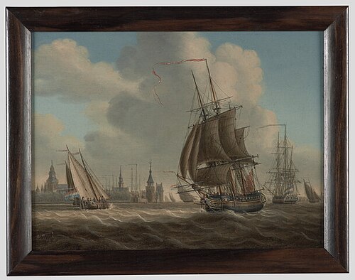 Scheepvaart ter rede van Veere, waaronder twee koopvaardijfregatten, 1800, Engel Hoogerheyden