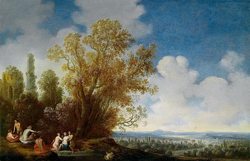 Landscape with Diana and her nymphs discovering the pregnancy of Callisto, 1700, Dirck Dalens the Elder