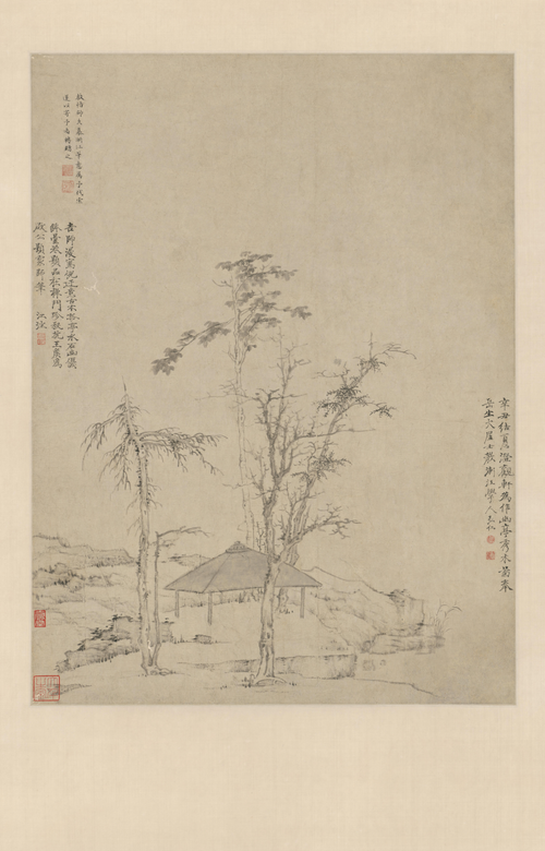 弘仁幽亭秀木图轴, 1661, Hong Ren