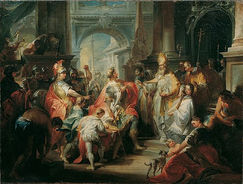 Der heilige Ambrosius verwehrt Kaiser Theodosius den Eintritt in den Mailänder Dom, 1750, Johann Wolfgang Baumgartner