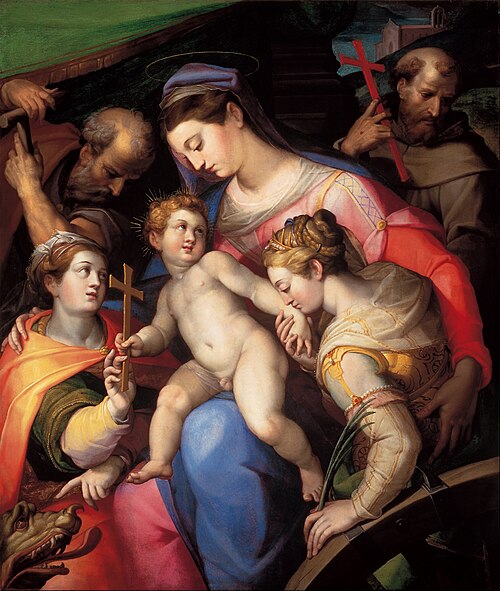 The Holy Family, with St Catherine of Alexandria, St Margaret of Antioch and St Francis of Assisi, 1570, Orazio Samacchini