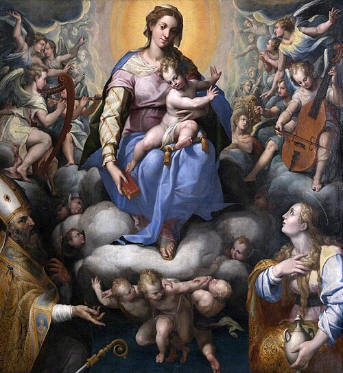 Madonna and Child in a Glory of Music-making Angels with the Magdalen and Saint Petronius, 1564, Orazio Samacchini