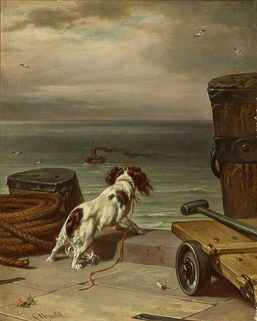 Ein Spaniel an der Mole blickt nach einem abfahrendem Schiff, 1916, Carl Johann Arnold