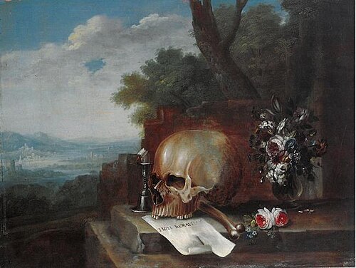 Vanitas still life in a landscape, 1727, Caspar Hirscheli