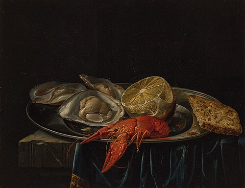 Still life with oysters and a crayfish, , Caspar Hirscheli