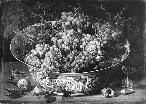 Chinese schaal met druiven op de voorgrond schelpen en vlinders, 1719, Caspar Hirscheli