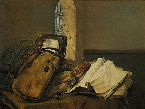 Sacoche de voyage et documents sur une table, 1630, Paulus Bor