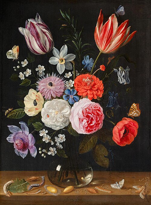 Blumen in Glasvase mit Entwicklung der Seidenraupe, 1660, Jan van Kessel le Jeune