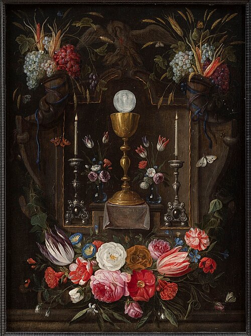 Altar niche with the symbols of the Eucharist with flowers and fruits, 1650, Jan van Kessel le Jeune