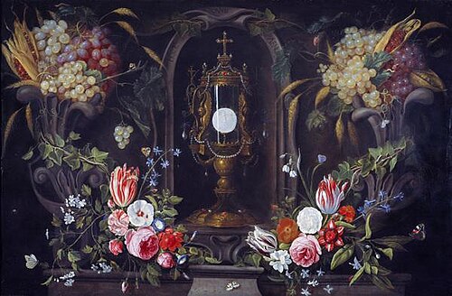 Still Life of Flowers and Grapes encircling a Monstrance in a Niche, 1670, Jan van Kessel le Jeune