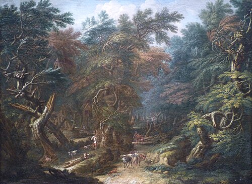 Paysage boisé : bergers et chasse au cerf, 1630, Alexander Keirincx