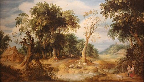 Wooded landscape with a couple by a stream, 1621, Alexander Keirincx