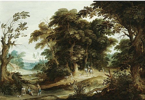 A Wooded Landscape With A Poultry-Seller, Travellers And Dogs On A Path Beyond, 1650, Alexander Keirincx
