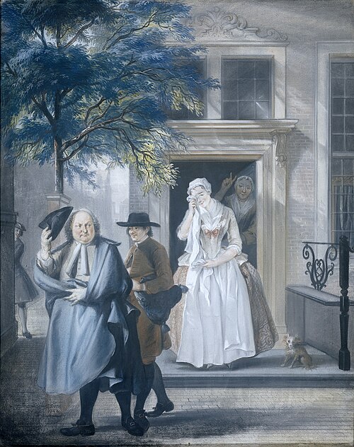 'De geveinsde droefheid': eerste bedrijf, elfde toneel van het blijspel 'De ontdekte schijndeugd' va, 1743, Cornelis Troost