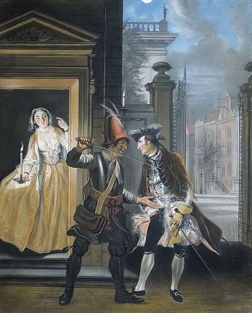 De omkopingsscène uit het tweede bedrijf van het blijspel 'Hopman Ulrich of de bedrogen gierigheid' , 1745, Cornelis Troost