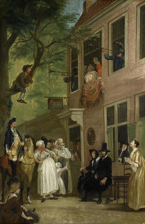 Misled: The Ambassador of the Rascals exposes himself from the window of 't Bokki Tavern in the Haar, 1750, Cornelis Troost