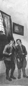 Triptiek voorstellende de boerenrechtbank uit het blijspel "Beslikte Swaantje" (linkerdeel van driel, 1727, Cornelis Troost